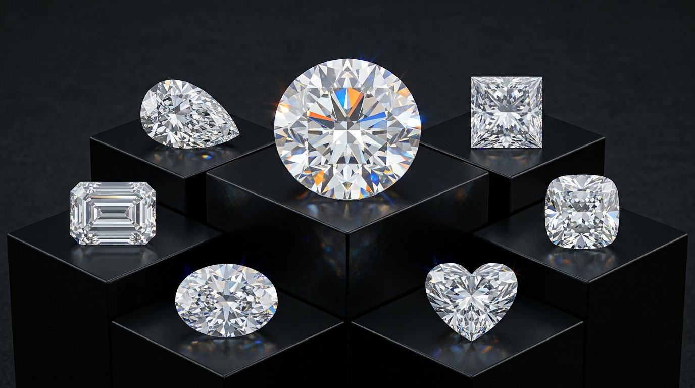 Certified natural cut diamonds displayed on stepped geometric matte black pedestals