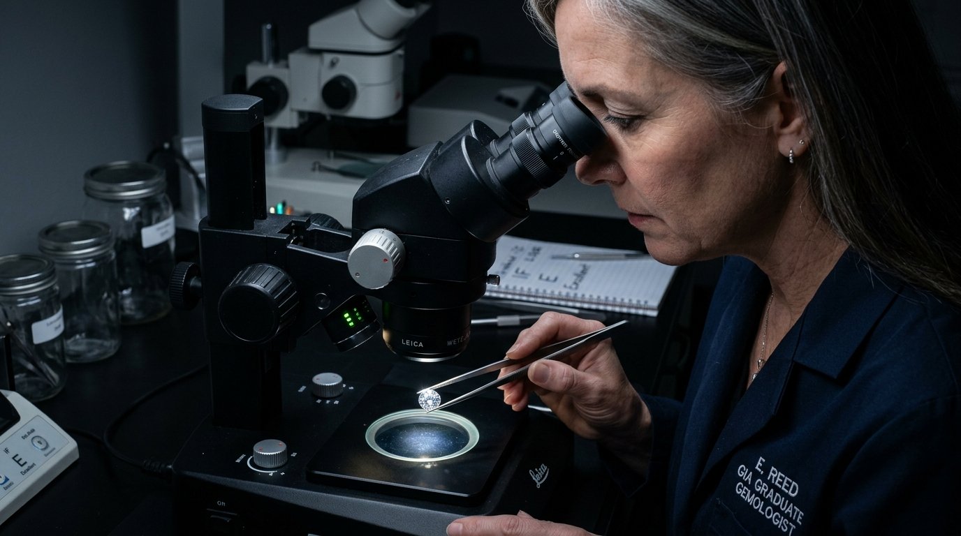 Expert gemologist inspecting diamond under binocular microscope in Surat
